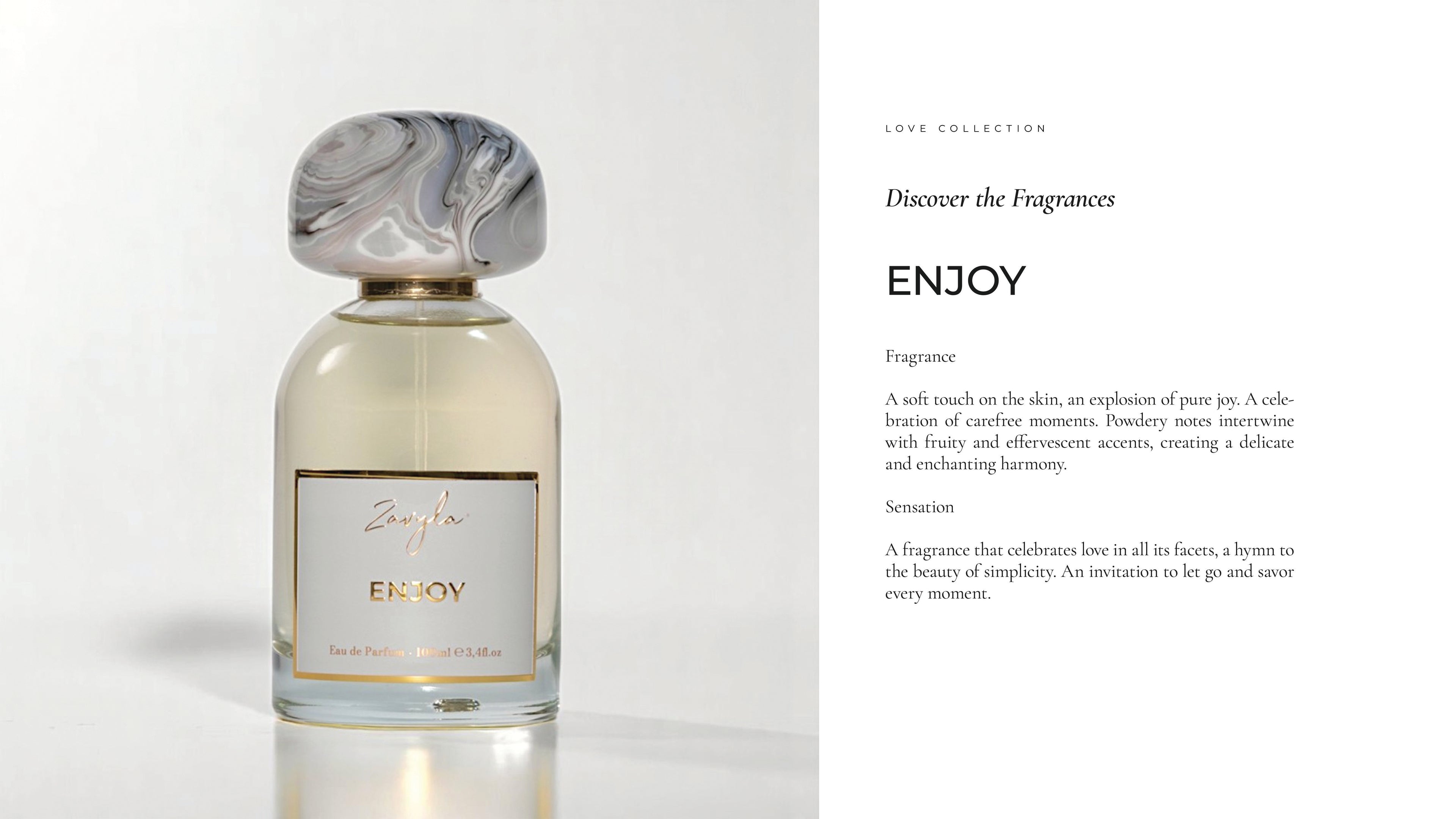 Zavyla Enjoy – profumo luxury made in Italy con accordi freschi, fruttati e polverosi, fragranza che evoca gioia e momenti spensierati