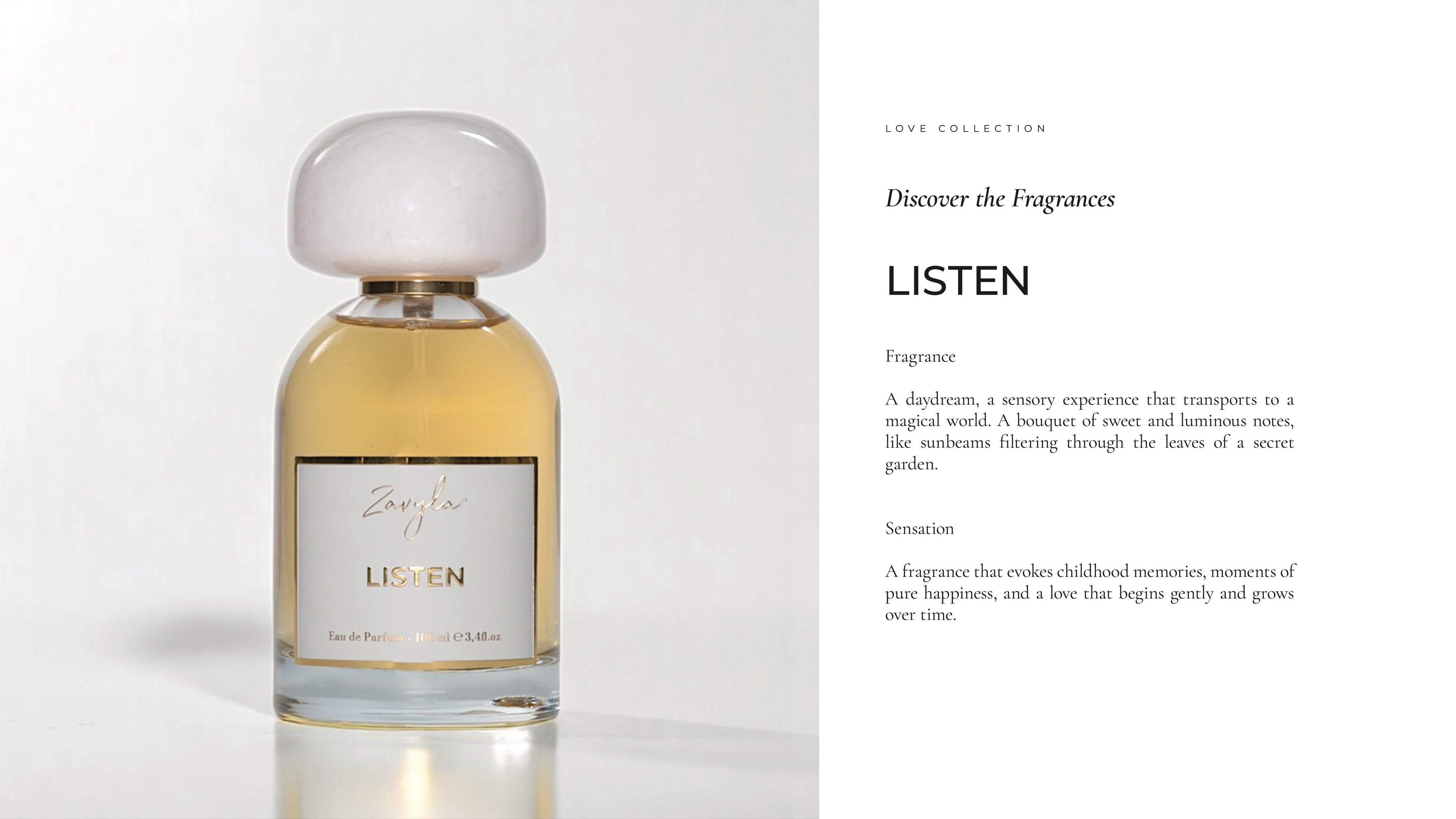 Zavyla Listen – profumo luxury made in Italy con accordi dolci e luminosi, fragranza che richiama felicità, infanzia e amore crescente