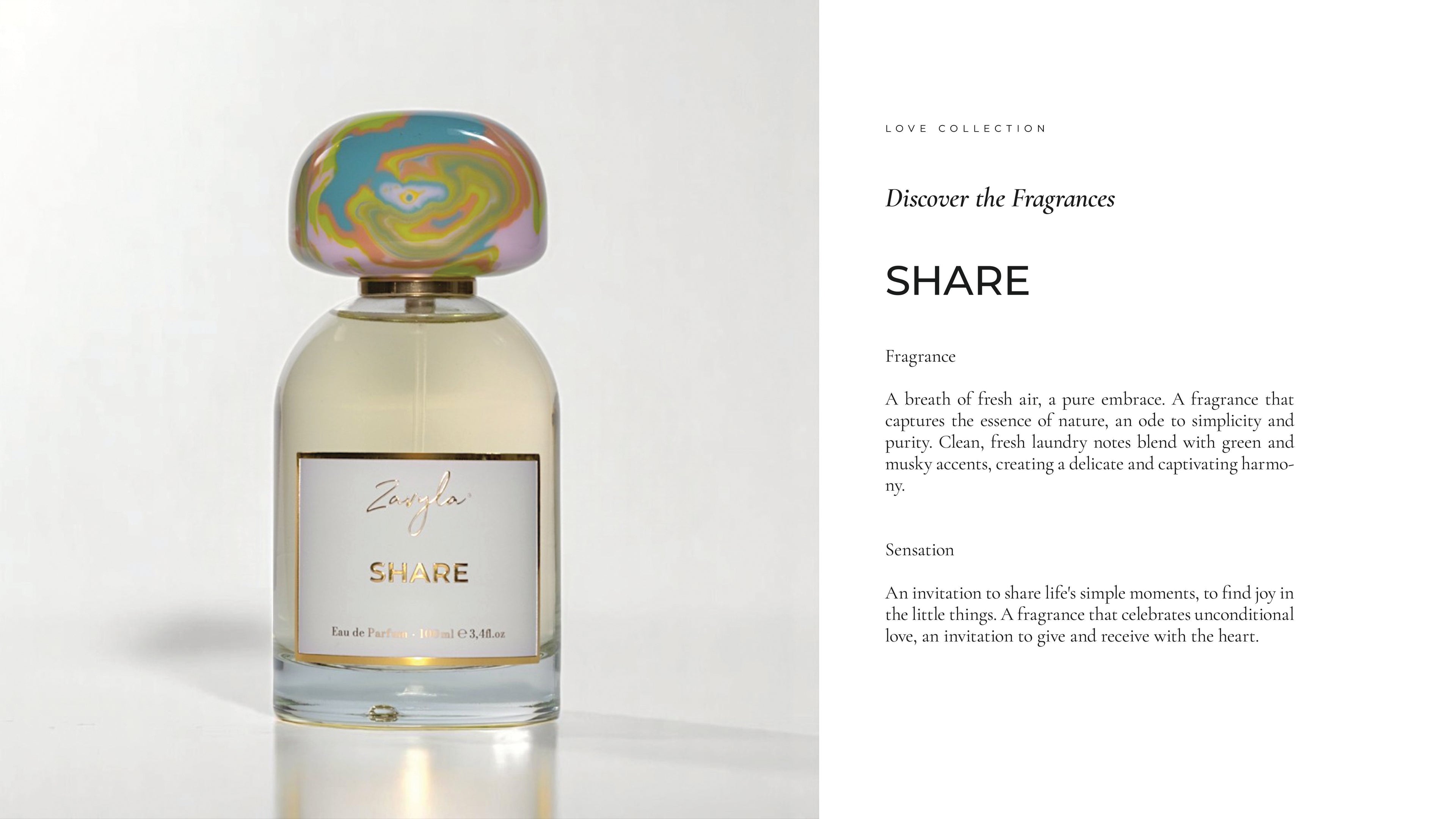 Zavyla Share – profumo luxury made in Italy con fragranza fresca e pulita, note naturali e muschiate, celebra momenti di condivisione e amore