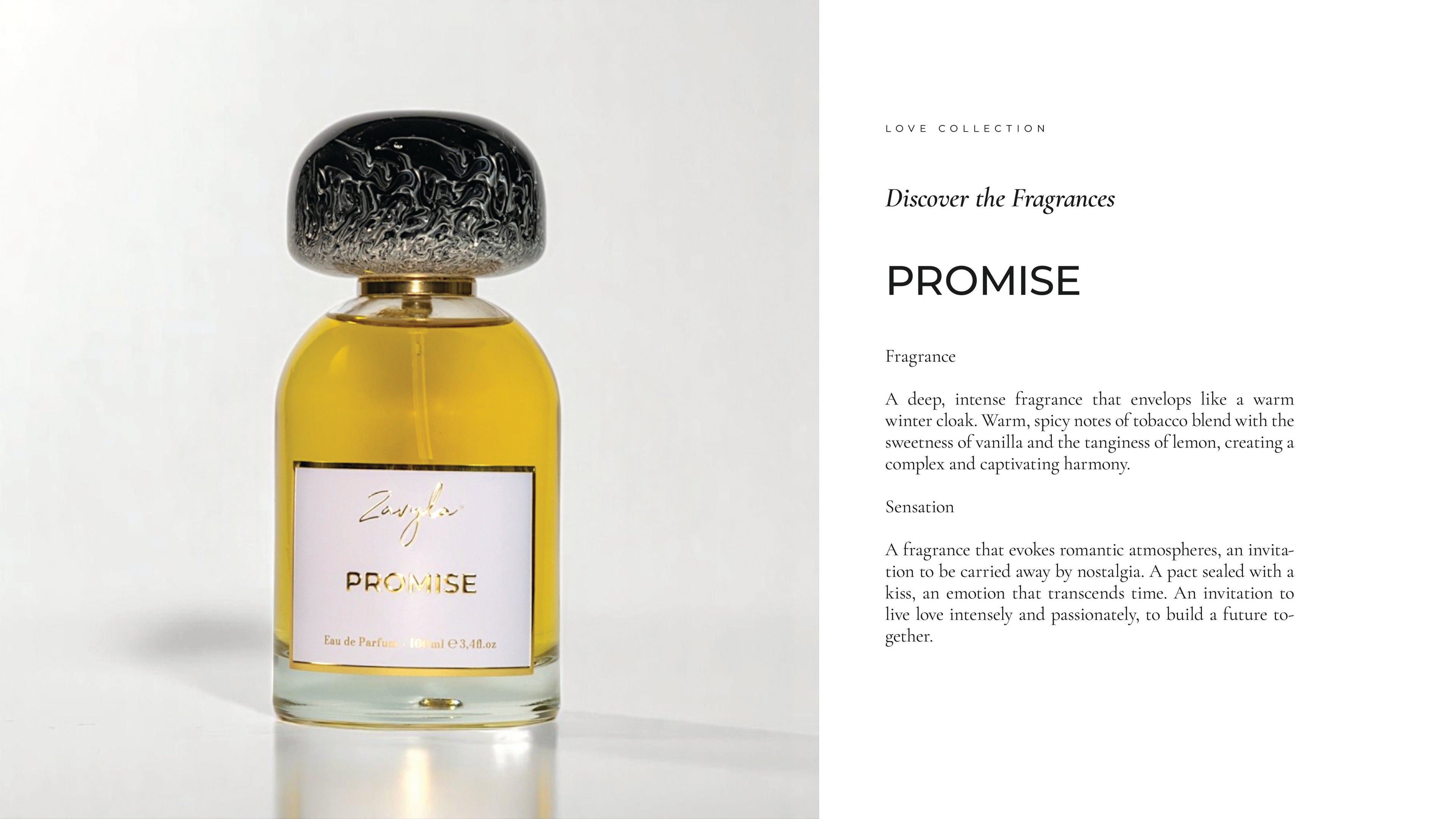 Zavyla Promise – profumo luxury made in Italy con accordi caldi, speziati e dolci, fragranza romantica e nostalgica per momenti intensi