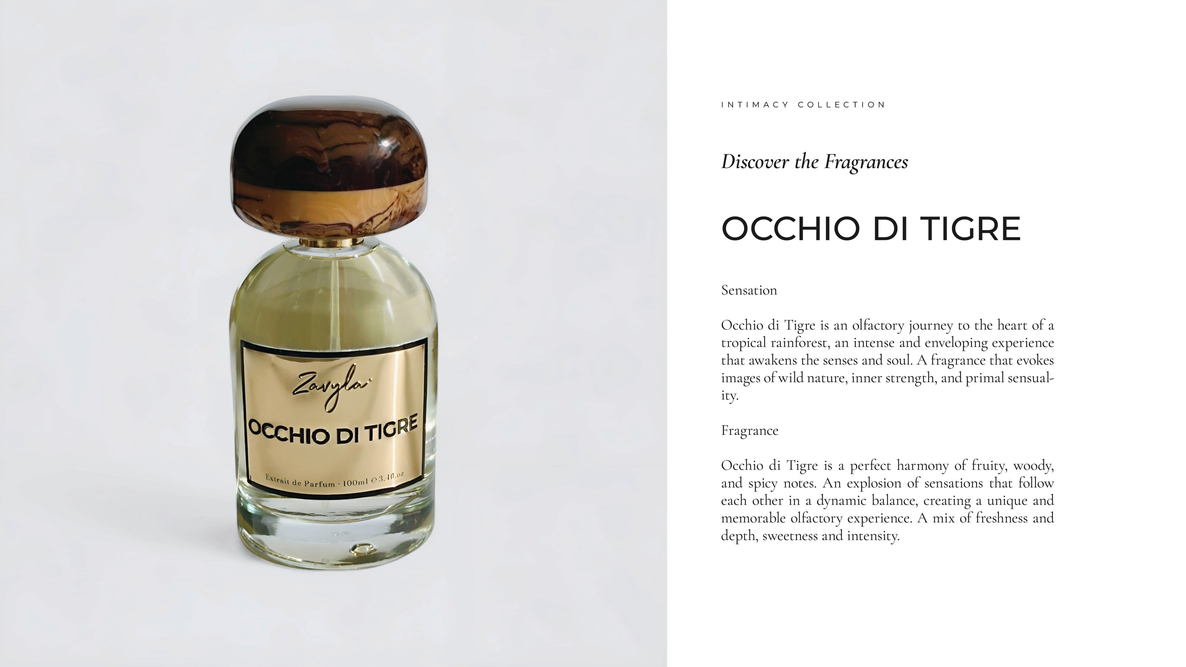 Zavyla Occhio di Tigre profumo luxury made in Italy – fragranza tropicale, legnosa e speziata, equilibrio dinamico tra freschezza e intensità, esperienza olfattiva unica e memorabile