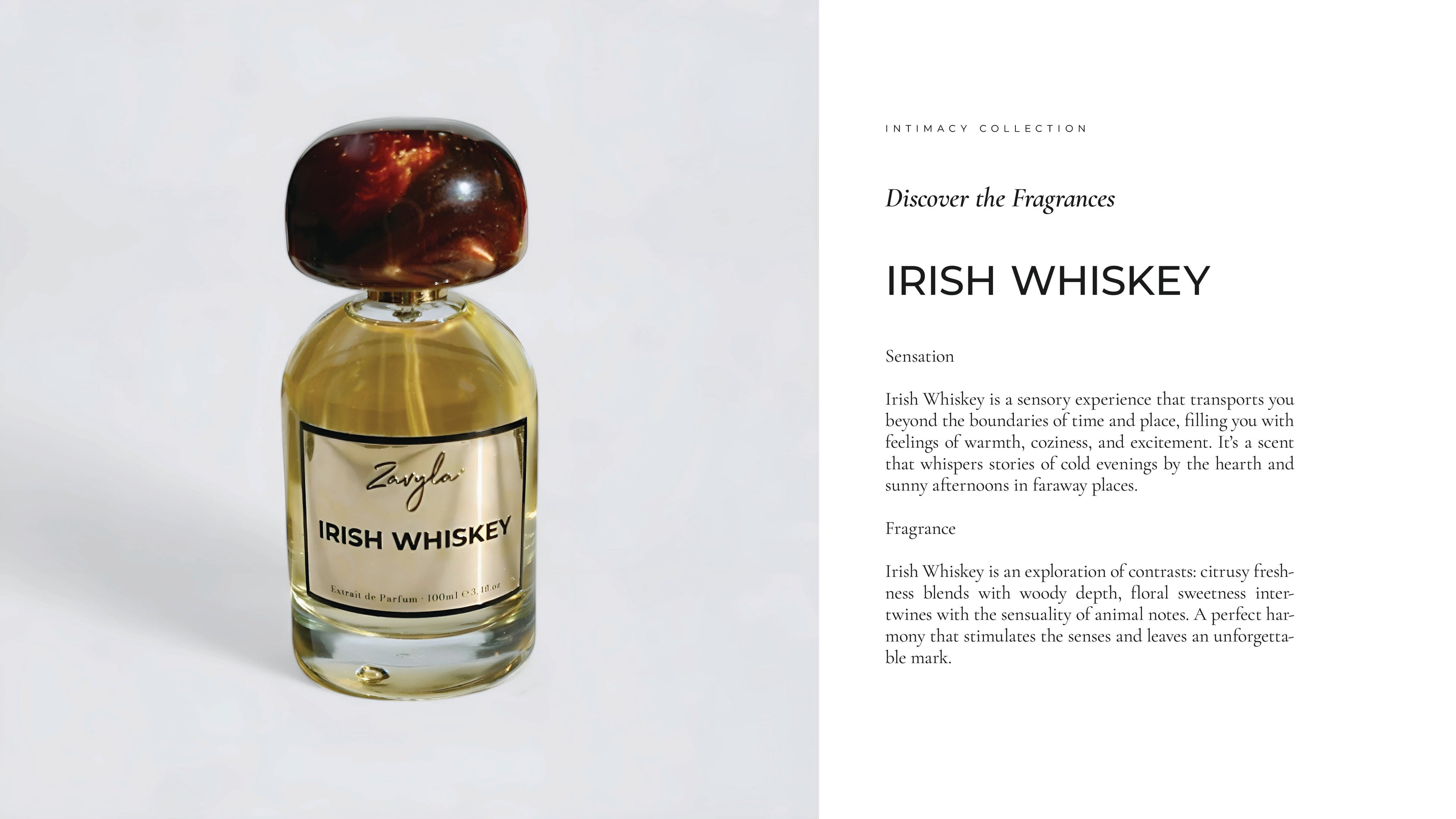 Zavyla Irish Whiskey profumo luxury made in Italy – fragranza complessa con accordi freschi, legnosi, floreali e sensuali, esperienza olfattiva intensa e raffinata